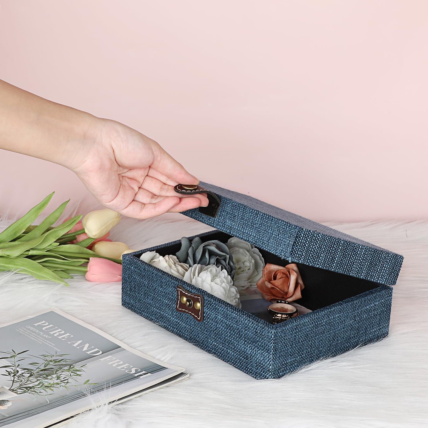 Hipiwe Treasure Chest Box - Wooden Decorative Trinket Jewelry Box with Clasp Memento Case Box Rectangular Keepsake Jewelry Organizer Box Gift for Women Men Home Decor,Medium