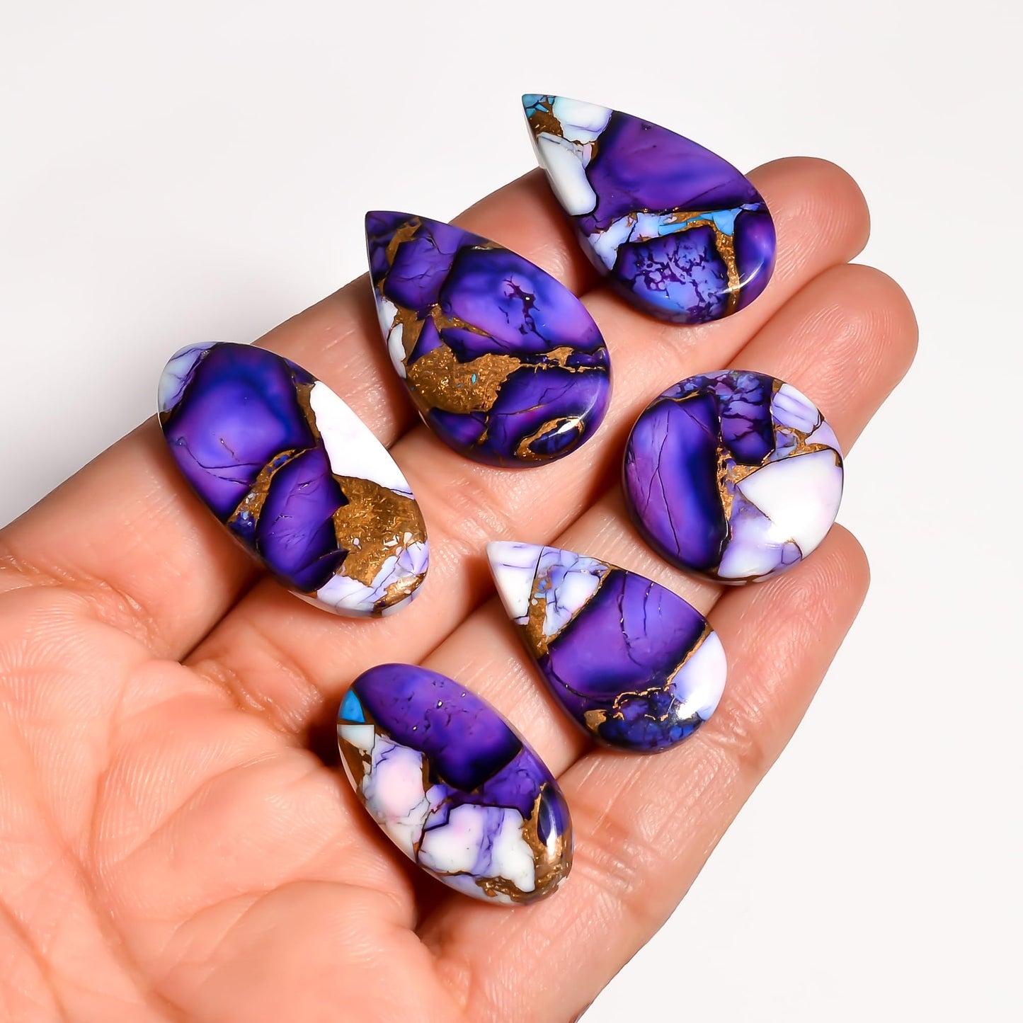 GEMKORA (3pcs) 20 to 25mm Purple Oyster Copper Turquoise Gemstones Wholesale Cabochons Lot, Jewelry Making Loose Polished Gems, DIY, Wire Wrapping, Flat Backs, Bulk Gemstone, Birthstone Crystals