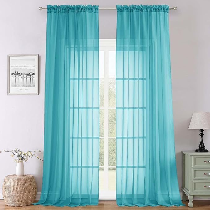 Lecloud Turquoise Sheer Curtains 120 Inches Long 2 Pcs, Light Filtering Rod Pockets Airy Window Curtains for Living Room Decor, Rustic Soft Bedroom Curtain Drapes, Each Panel 59" W x 120" L