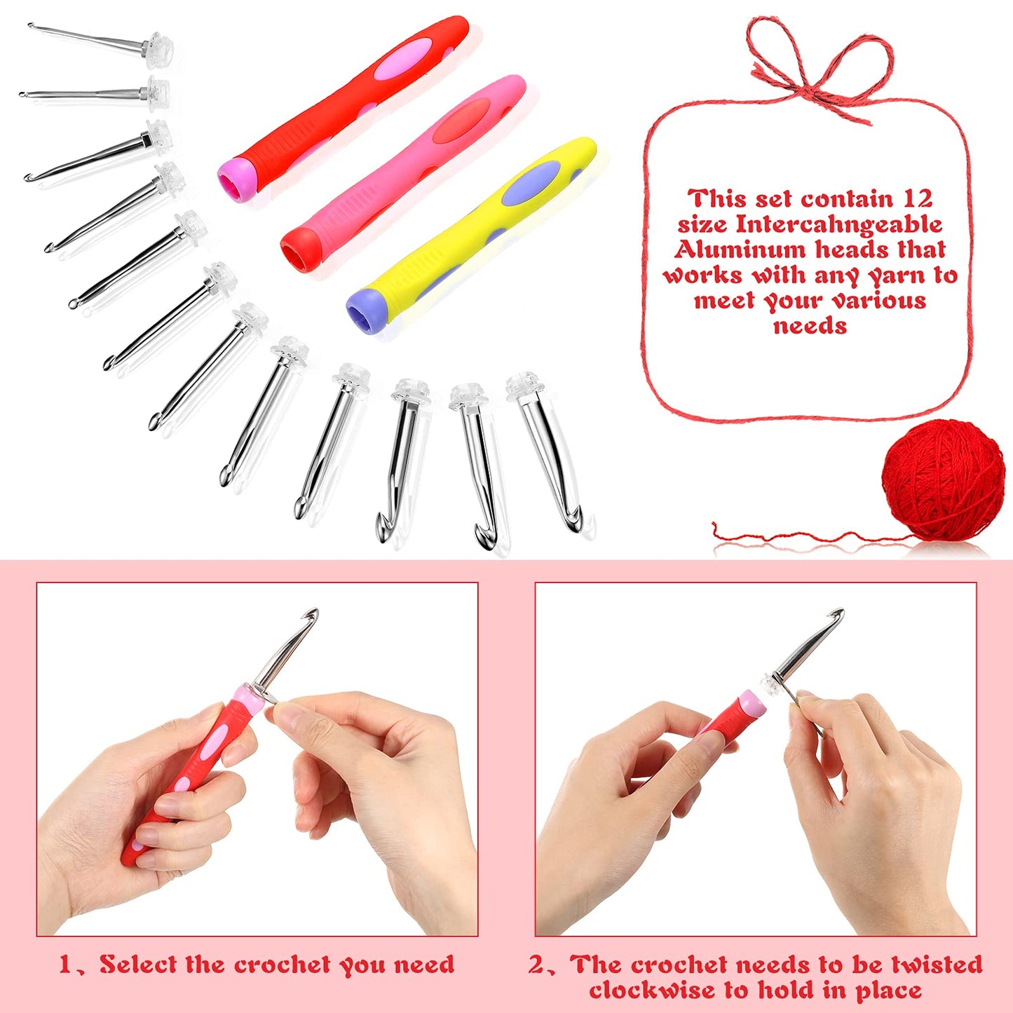 12 Sizes 2.0 mm to 8 mm Crochet Hooks Set, 3 Pcs Soft Grip Ergonomic Interchangeable Handle Crochet Hooks Beginner Knitting Kit Gift for DIY Crafts Knitting Tools