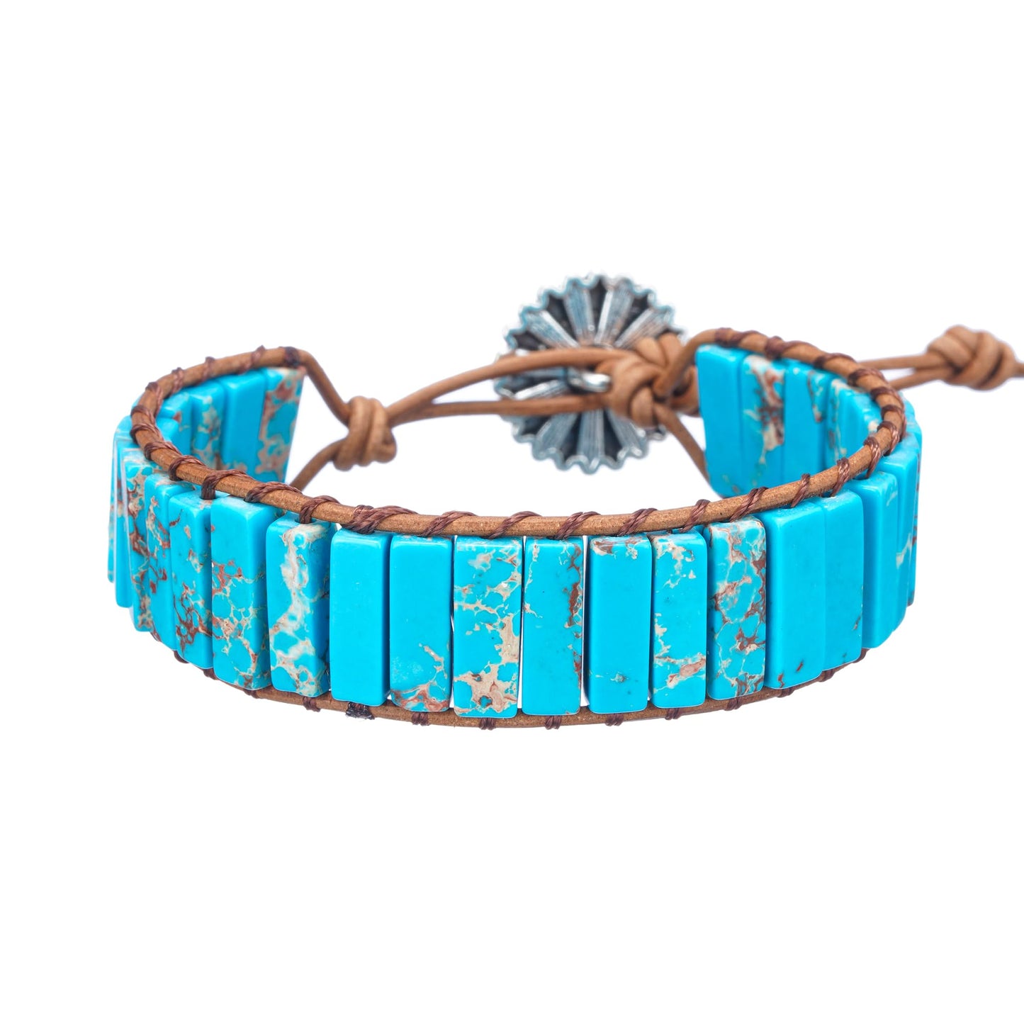 Plumiss Natural Blue Imperial Jasper Stone Leather Wrap Bracelet for Women, Handmade Boho Western Jewelry, Adjustable Slider Bracelet Gift for Her
