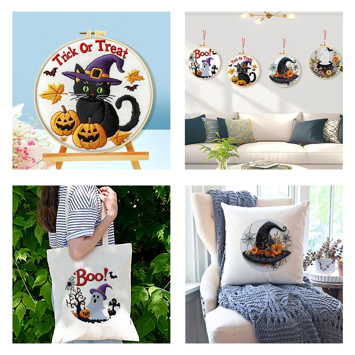 Zhenqing 4-Piece Halloween Embroidery Kit for Beginners - Spooky Ghost, Witch Hat, Black Cat & Cauldron Designs with Pre-Printed 29x29cm Cotton Fabric, Hoop, Threads & Tools(C0165)