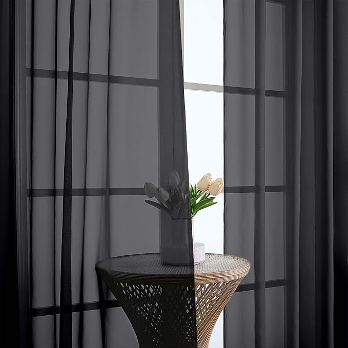 Chyhomenyc Black Sheer Curtains 90 Inches Long 2 Panels, Light Filtering Black Curtains for Living Room, Soft Gentle Voile Rod Pocket Bedroom Window Drapes, 59Wx90L Inch, 2PCS