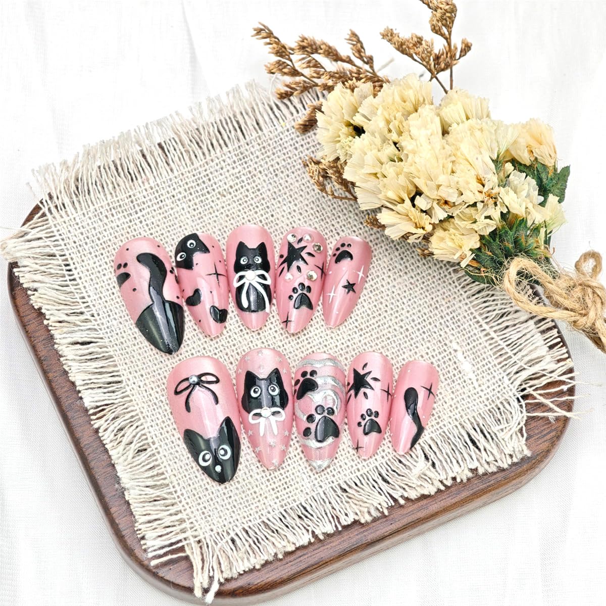 24Pcs Pink Press on Nails Medium Almond Cute Cat Fake Nails with Black Cat Bow Pearl Design Glossy Full Cover Acrylic Glue on Nail Silver Heart False Nails Artificial Reusable Stick on Nail for Women