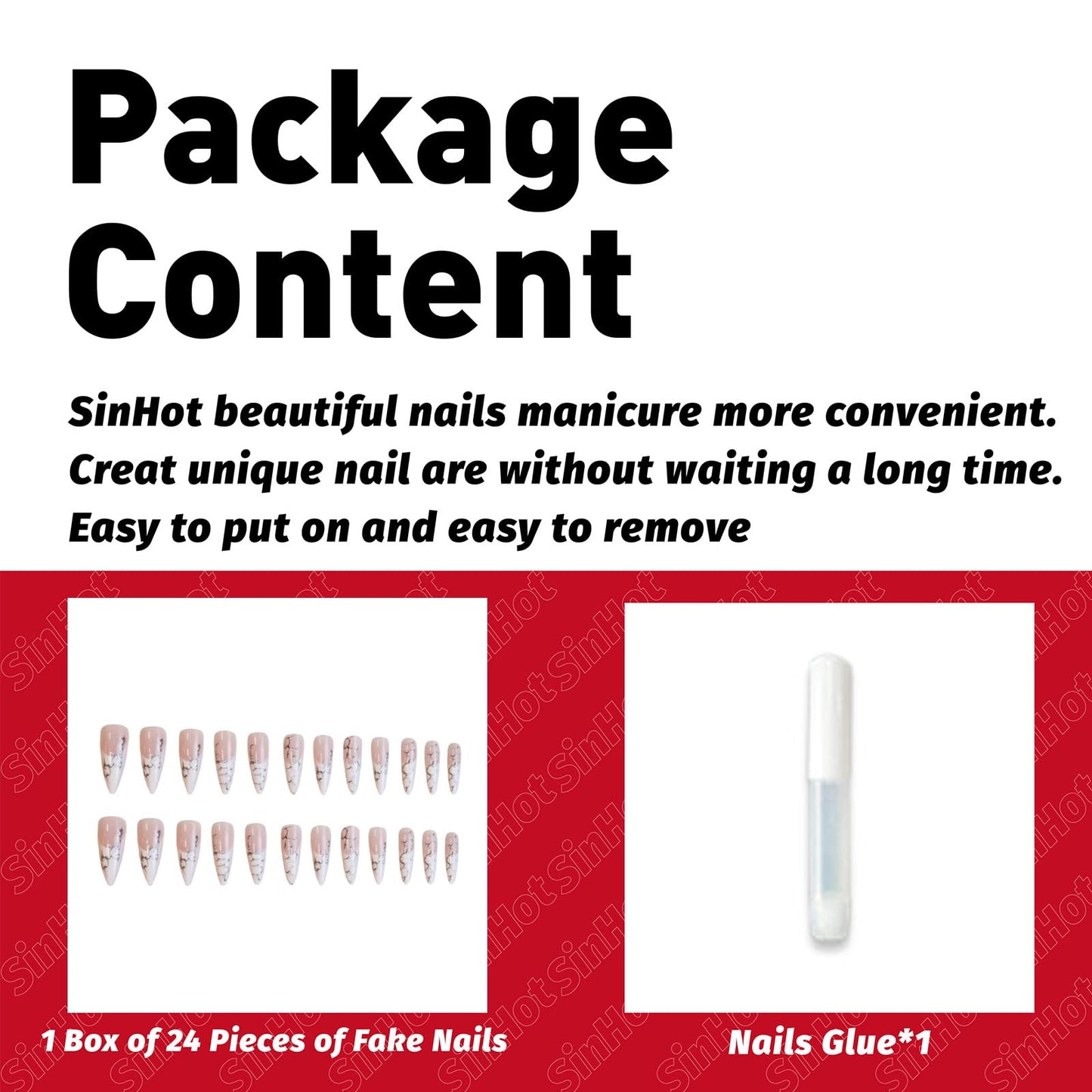SINHOT Stiletto Press on Nails - Long Fake Nails, Glossy Finish, 3D Silver Chain & White French Tip, Reusable Artificial False Nail Art - 24 Pcs Nail Kit with Glue