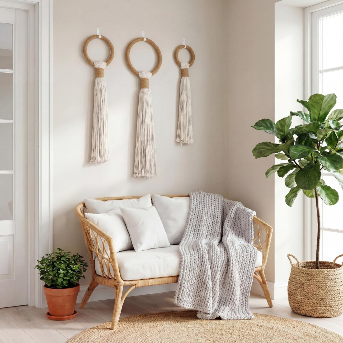 Tegeme 3-piece Macrame Wall Hanging Large Boho Wall Decor Set Extra Large Beige Boho Spherical Knot Tapestry with Long Fringe Handmade Cotton Yarn Art for Living Room Bedroom Nursery Dinning Room