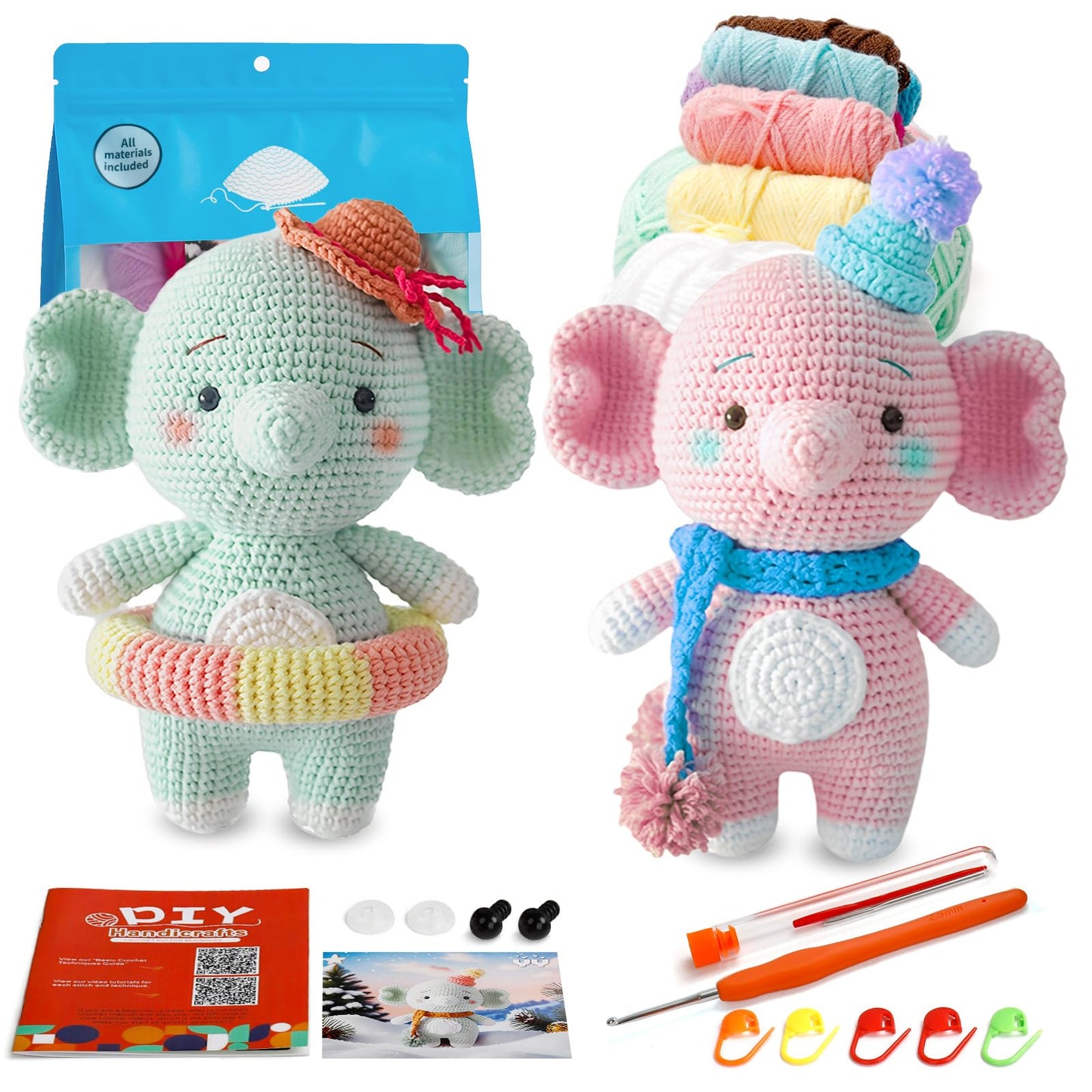 ISTORAGE Crochet Kit for Beginners, 2PCS Elephant Beginner Crochet Kit Crochet Starter Kit DIY Crochet Animals Kits Knitting Supplies, Easy Knitting Kit