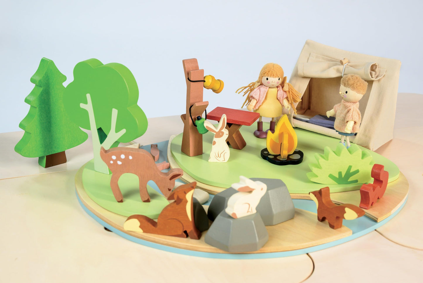 Tender Leaf Toys - Wildlife Camping Playset - Wooden Doll Sized Camping Set with Tent, Campfire, Fishing Rod & Accessories - Imaginative Play Set - Develop Storytelling & Fine Motor Skills - Age 3+