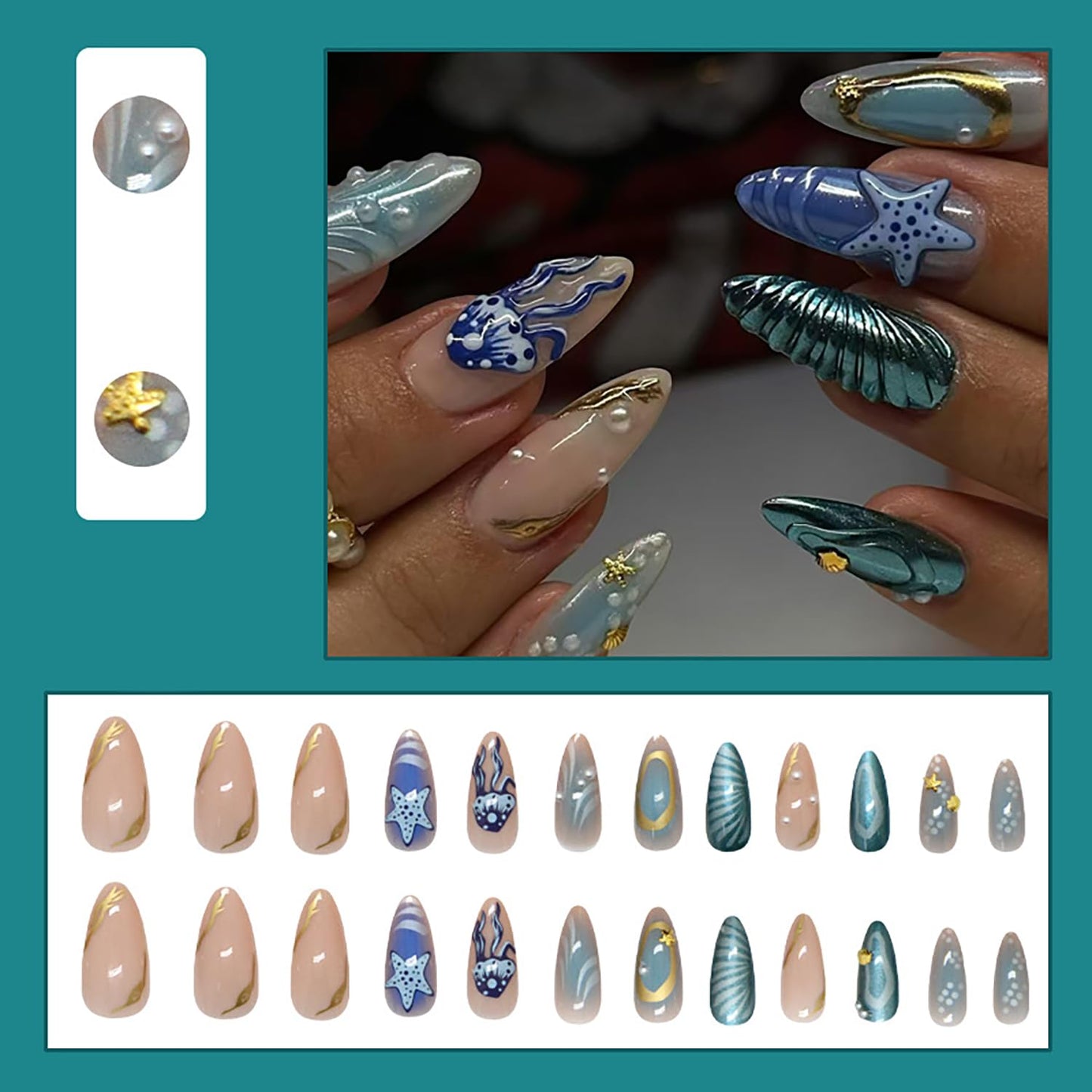 RIICFDD 24 Pcs Medium Press on Nails Almond Shape Fake Nails Blue Nails Press ons Pearl Shell Stick on Nails Starfish Medusa Glue on Nails Full Cover Ocean Theme Acrylic Nails for Women Nail Art