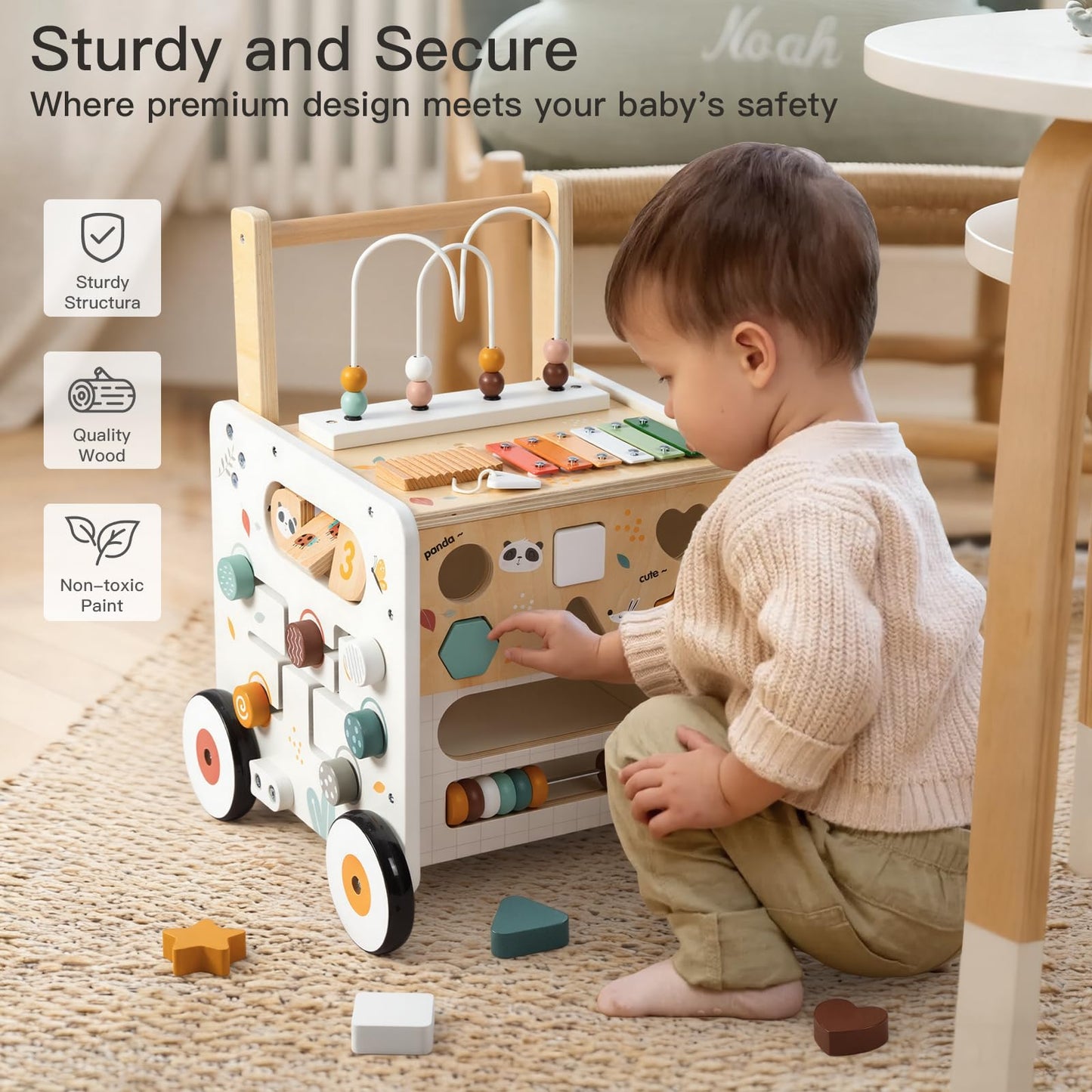 PTINFLUCE Wooden Baby Walker, Activity Cube Push Walker for Boys and Girls, Toddler Montessori Learning to Walk Toy with Adjustable Speed