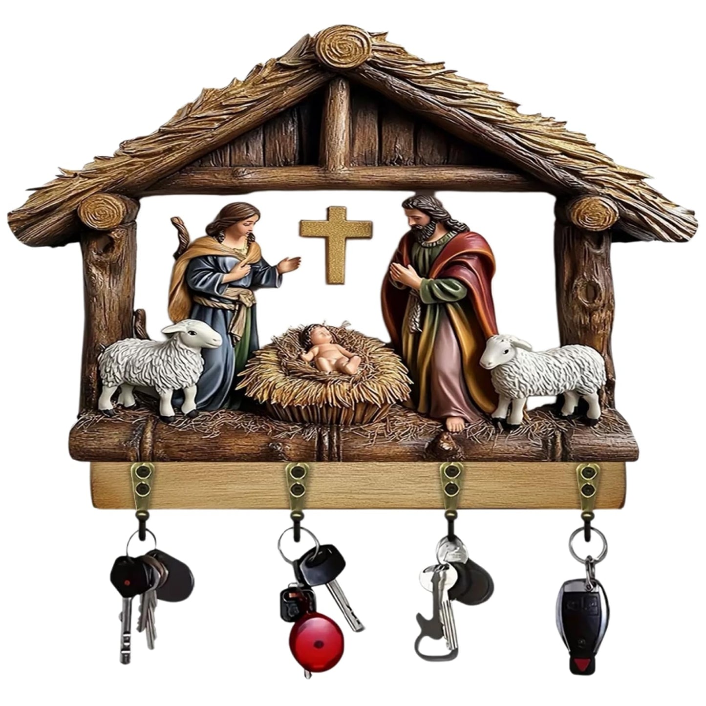 Wall-Mounted Nativity Scene Key Holder, 2D Holy Family and Baby Jesus Manger Wall Hooks (4 Hooks), Religious Christian Home Decor Key Rack Organizer for Entryway, Christmas Religious Gifts