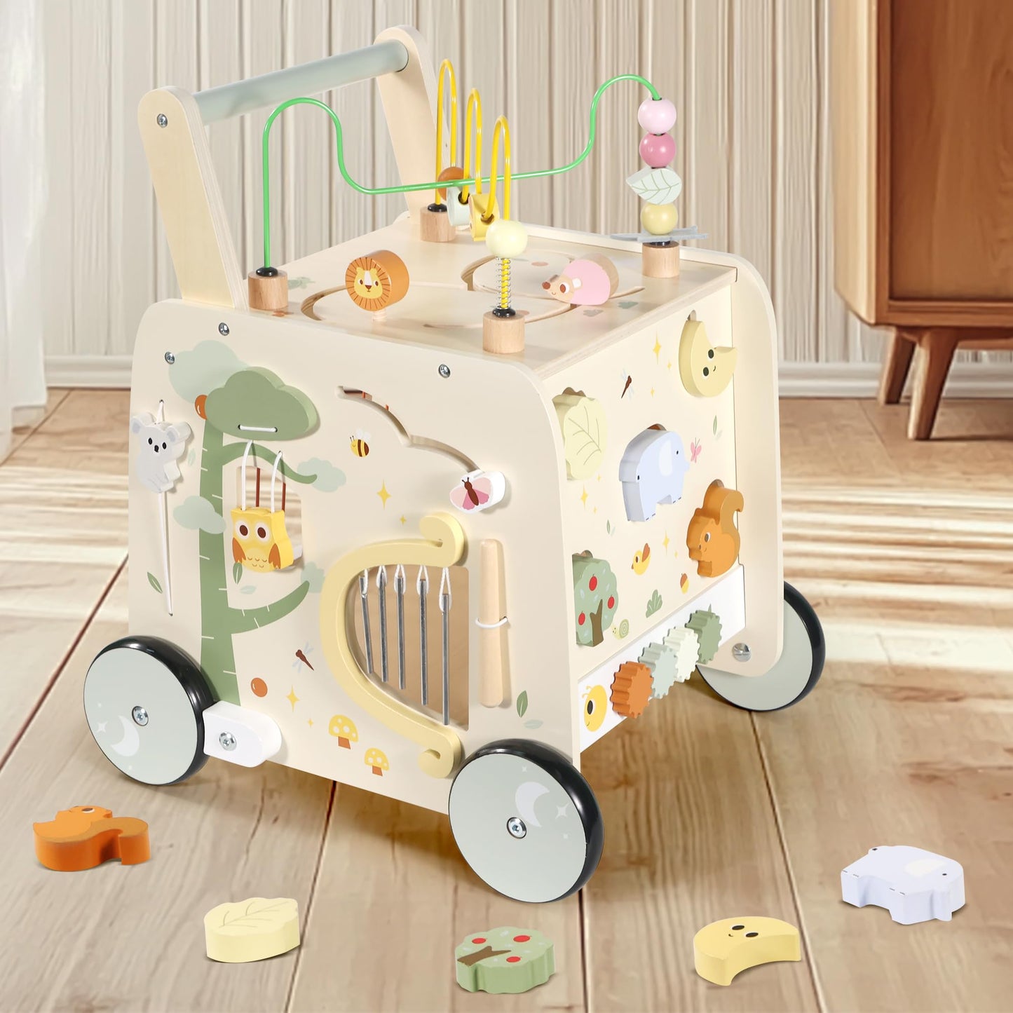 Pithfor Wooden Activity Cube Push Walker, Wooden Baby Walker, Montessori Push Toys for Babies Learning to Walk & Sit-to-Stand