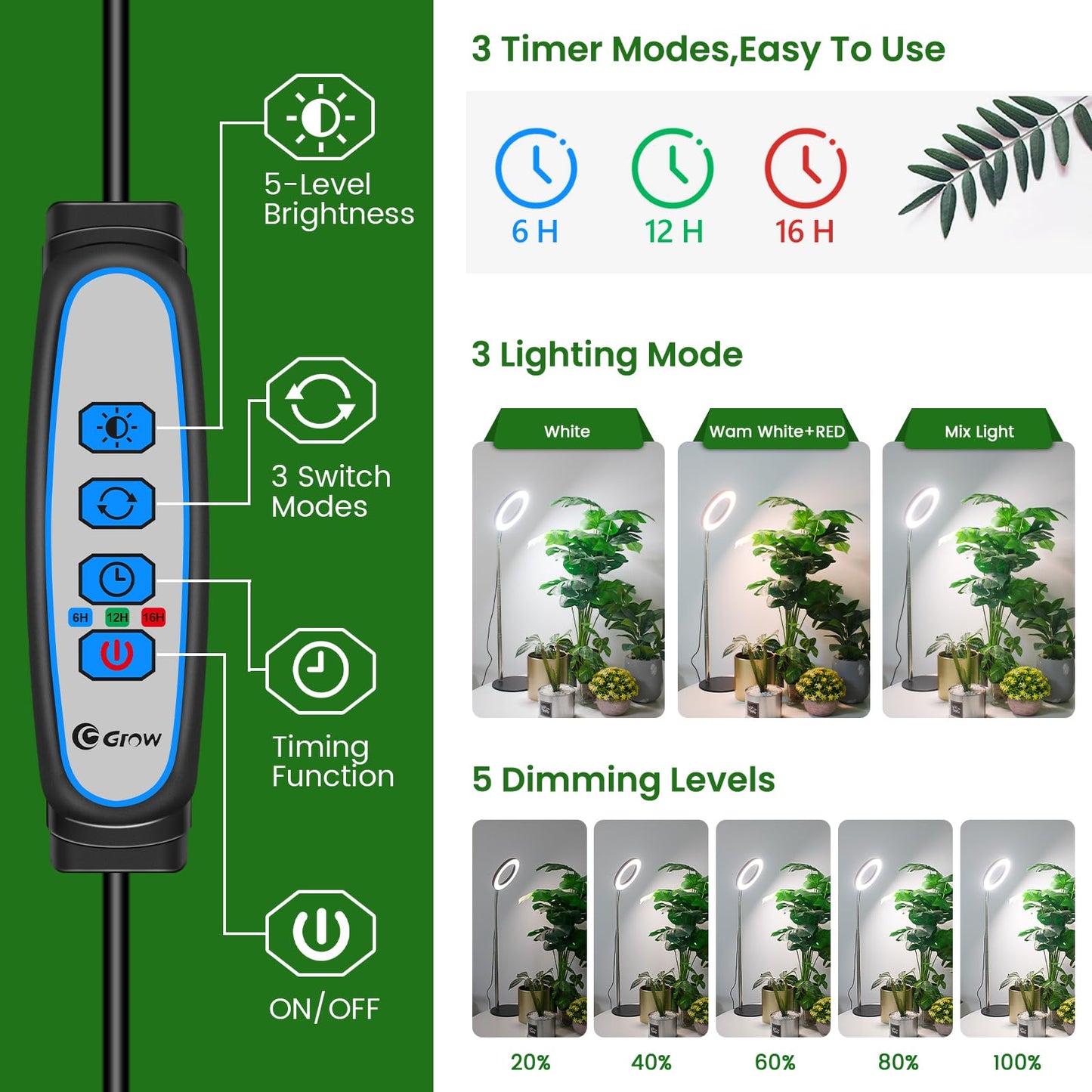 Aokrean Grow Lights for Indoor Plants Full Spectrum, 80 LEDs Plant Light for Indoor Plants, Height Adjustable 6.3in Desktop Growing Lamp with Auto Timer 6/12/16Hrs, 3 Optional Spectrums,5 Brightness