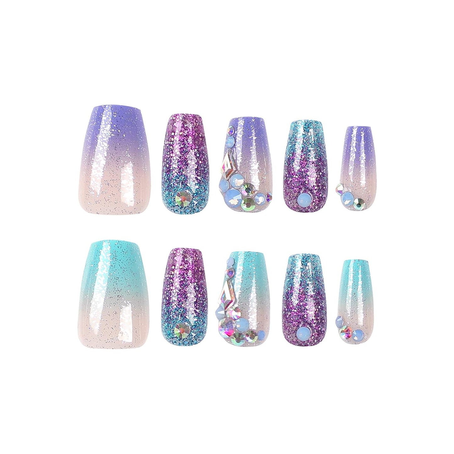 Press on Nails Medium Coffin SWEKKE Fake Nails Mermaid Full Cover Gradient False Nails with Designs Rhinestones Glitter Glossy Glue on Nails Manicure Artificial Acrylic Nails for Women Girls 24Pcs