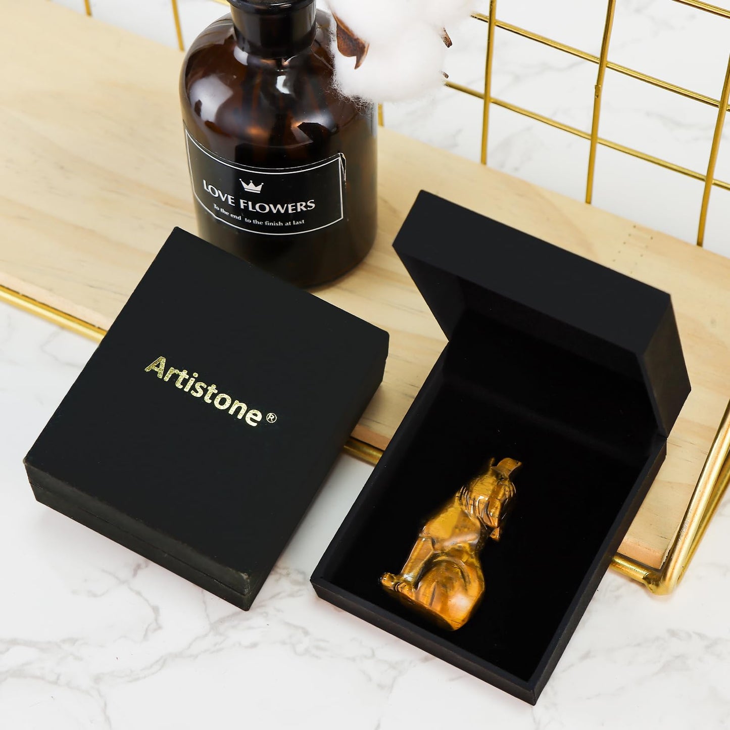 Artistone Yellow Tiger Eye Wolf Statue 2" Howling Wolves Figurine Ornament for Home Decor Healing Crystal Animal Sculpture with Gift Box