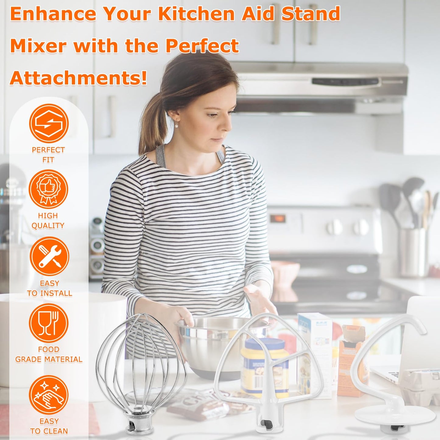 3 Pack Mixer Attachments for Kitchen Aid 4.5-5 Quart Tilt-Head Stand Mixers, Heavy-Duty Metal,Includes K45DH Dough Hook, K45B Flat Beater,K45WW Wire Whip, Dishwasher Safe Replacement Kit by TOMOON