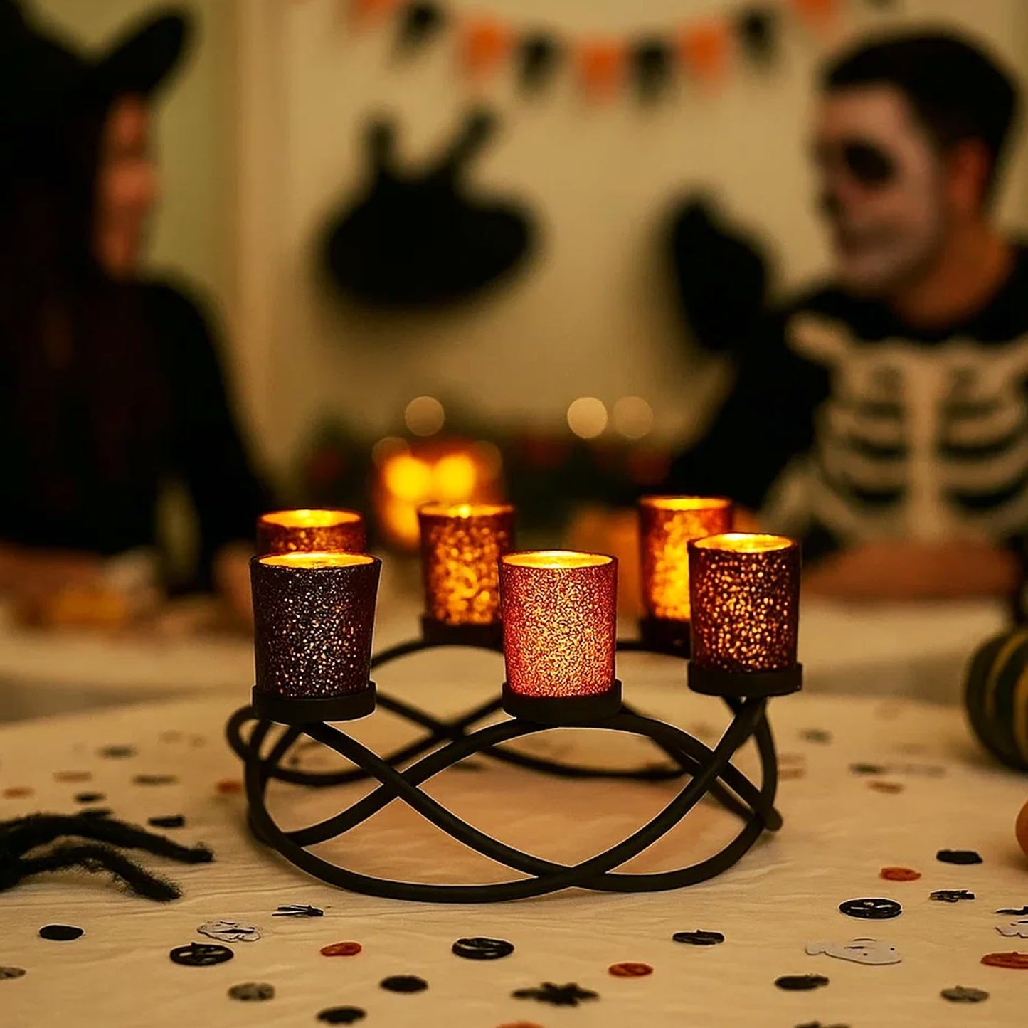 Seraphic Halloween Centerpiece Table Decor Candle Holder for Kitchen, Dining Room, and Coffee Tables, Glass Votive Tealight Holders, Black, 6 Black/Orange Cups