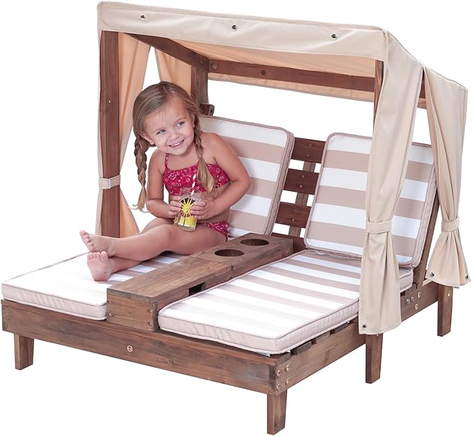 KidKraft Wooden Outdoor Double Chaise Lounge with Cup Holders, Patio Furniture for Kids or Pets, Espresso with Oatmeal and White Striped Fabric