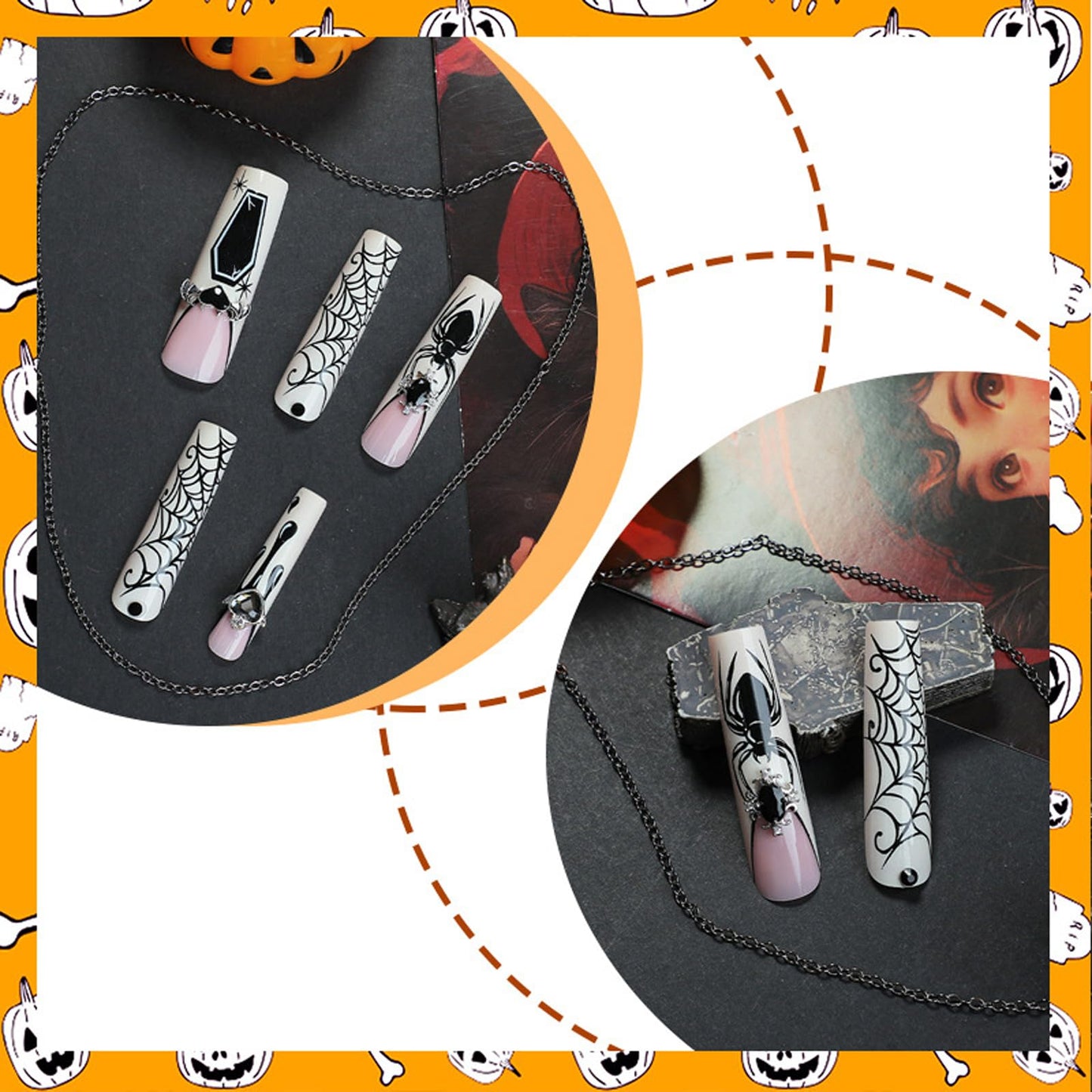 IMSOHOT Halloween Press on Nails Extra Long Square Fake Nails Glossy Acrylic French Tip False Nails with Black Spider Web Designs Goth Gel Glue on Acrylic Nails