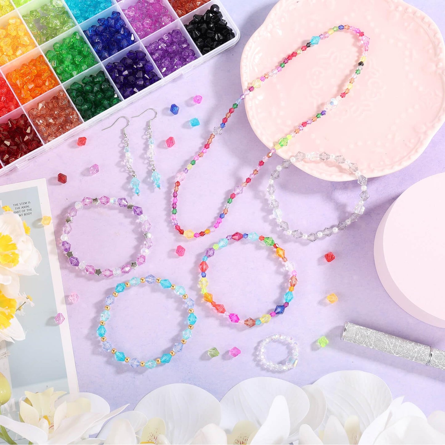PAXCOO 1120Pcs Crystal Acrylic Bicone Beads for Jewelry Making, 28 Colors, 8 MM