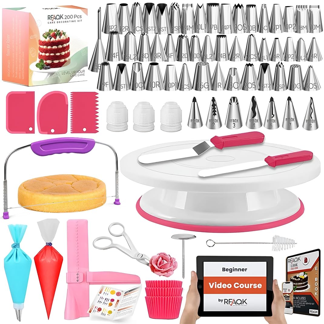 RFAQK 200PCs Cake Decorating Kit with Cake Turntable & Leveler, Baking Supplies Gift Includes 110+1 Piping Bags,55 Icing Tips,2 Frosting Spatulas, Adjustable Scraper, Complete Video Course & much more