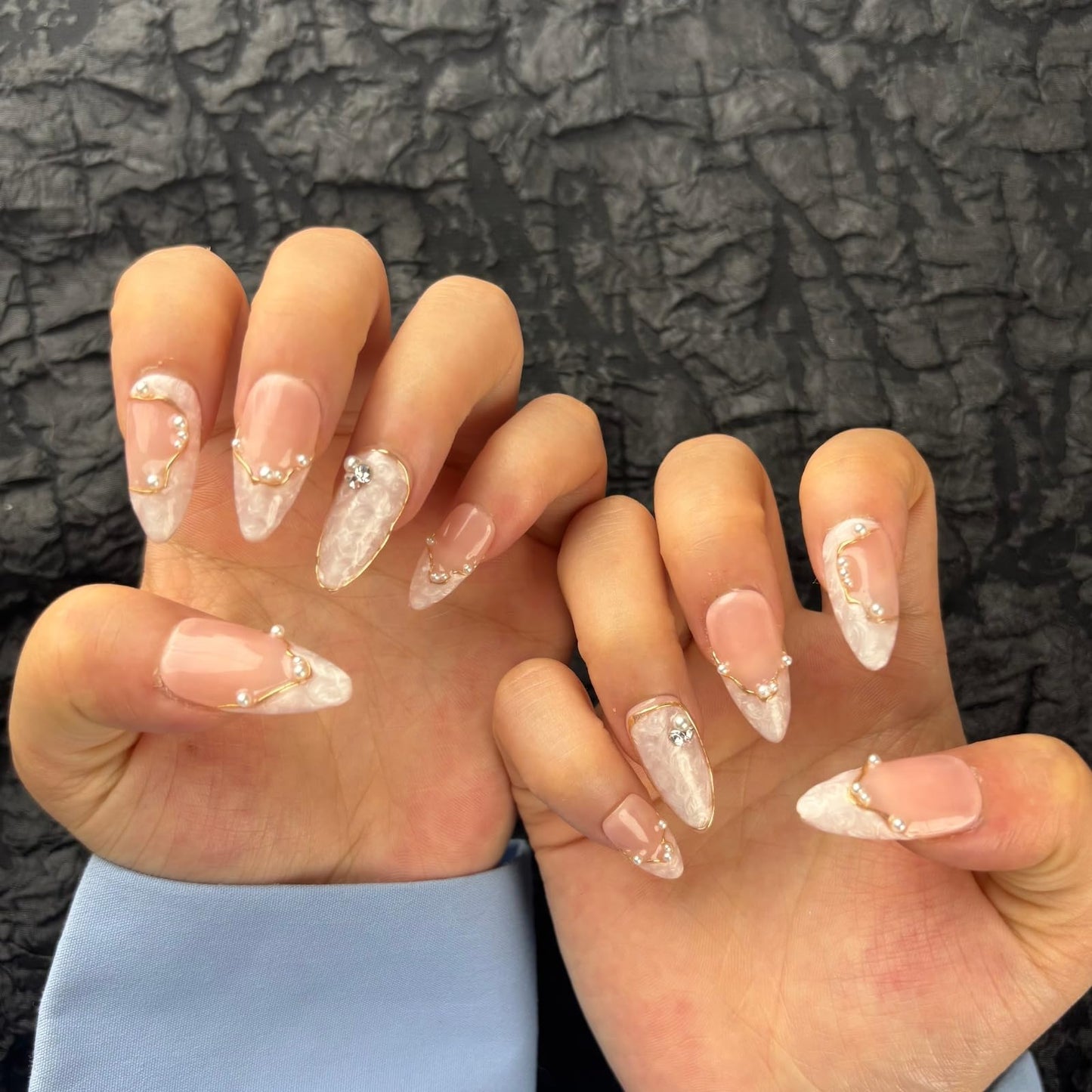 AKA Unicorn Large Handmade Press On Nails Short Almond,Nude Pink Acrylic Nails,Luxury Nail Press On with Charm Pearl Design for Wedding&Party Wear-True Love Design Concept