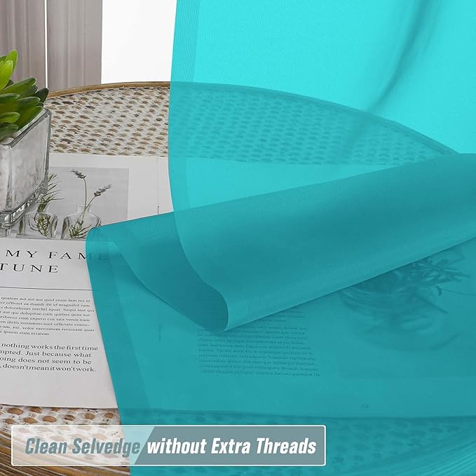 Turquoise Small Sheer Curtains 2 Panels Set, Kitchen Curtains 36 Inch Length, Elegant Light Filtering Short Window Drapes for Living Room Bedroom, Dual Rod Pocket Design, 2x42Wx36L Inches
