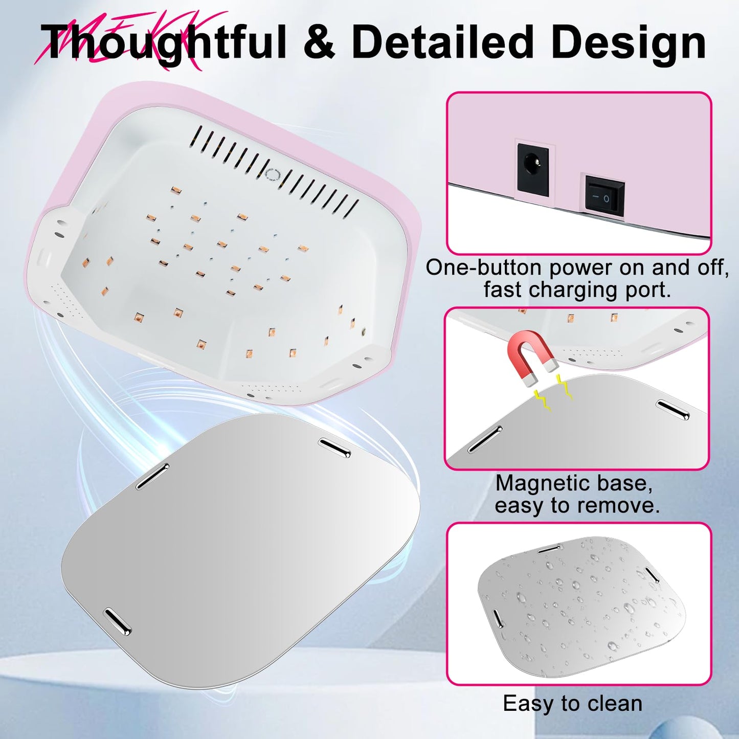 MEKK Cordless UV LED Nail Lamp, 54W UV Light for Gel Nails with Hand-Friendly Red Light, Auto Sensor Professional Flash Cure Lamp with Rotatable LCD Display for Salon and Home, Checkered Design, Pink