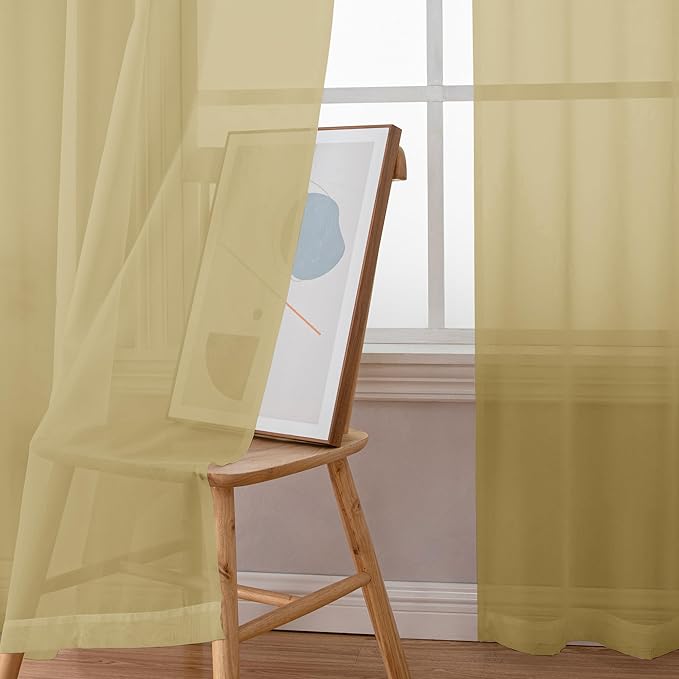 Simplebrand Gold Sheer Curtains, 63" Length, 2 Panels Set - Light Filtering, Rod Pocket Window Curtains for Bedroom (Gold, 59" W x 63" L)
