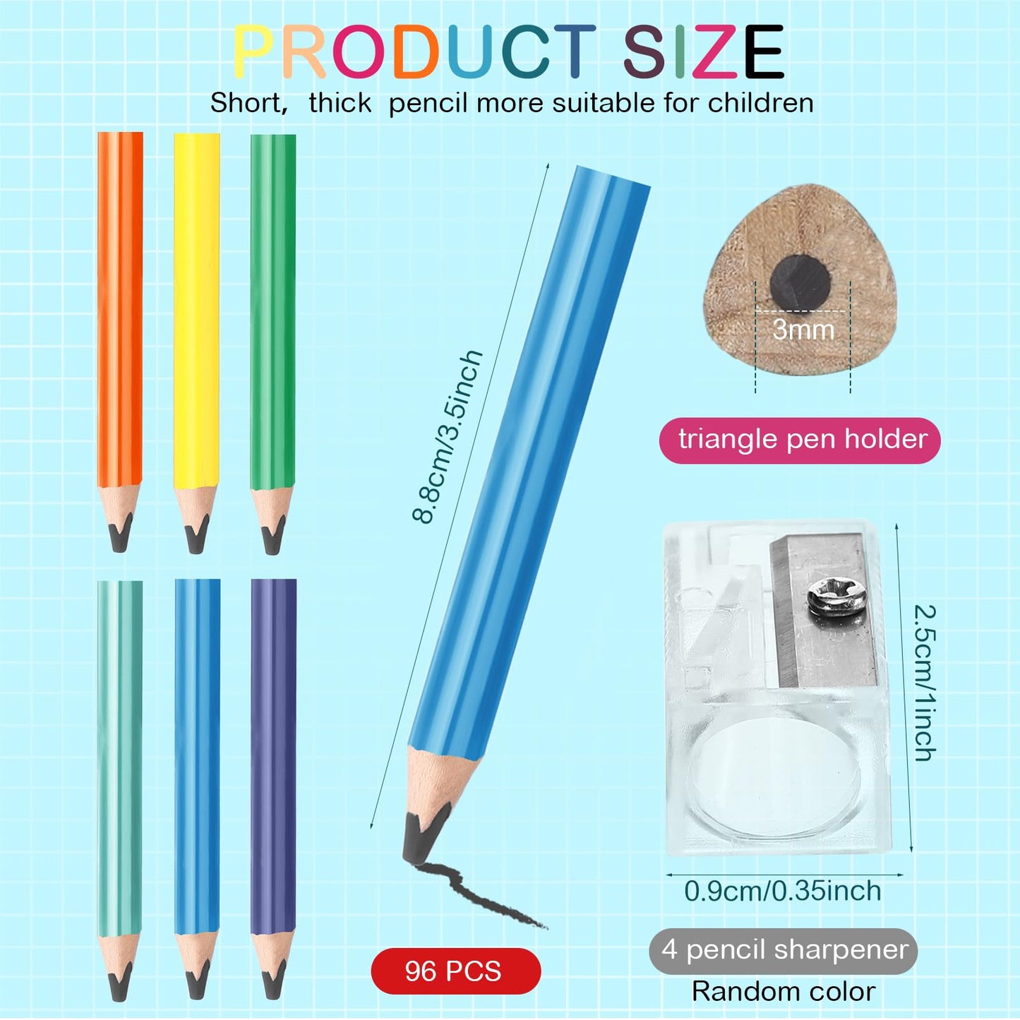Spakon 96 Pcs Jumbo Pencils for Kid Bulk 3.5 Inch Wooden Triangle Short Fat Chunky Pencil with Sharpener for Student Toddler Preschooler Beginner Kindergarten Classroom Supplies
