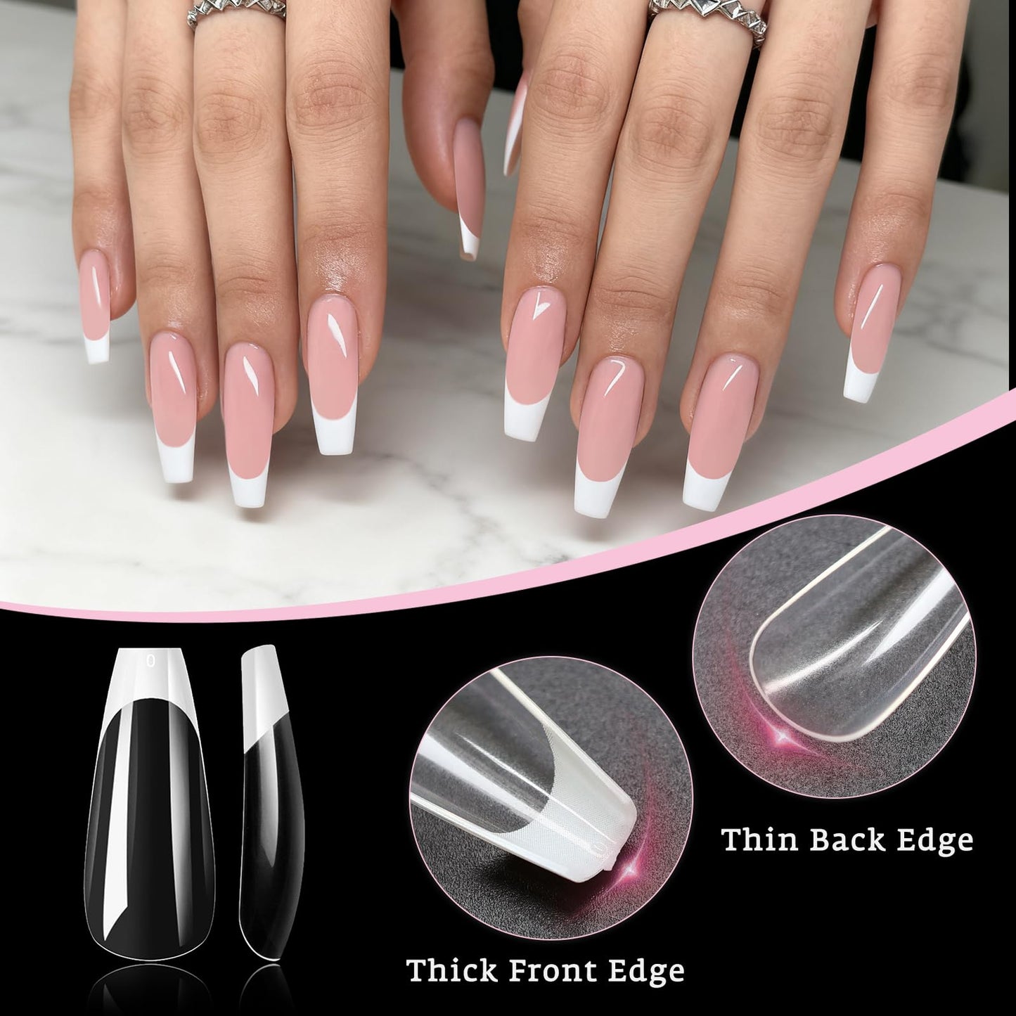 Bellelfin White French Tip Press on nails Long Coffin Fake Nails, 120PCS Coffin Nail Tips Long French Tip Nails, Clear Acrylic Press on Nail Full Cover False Nail