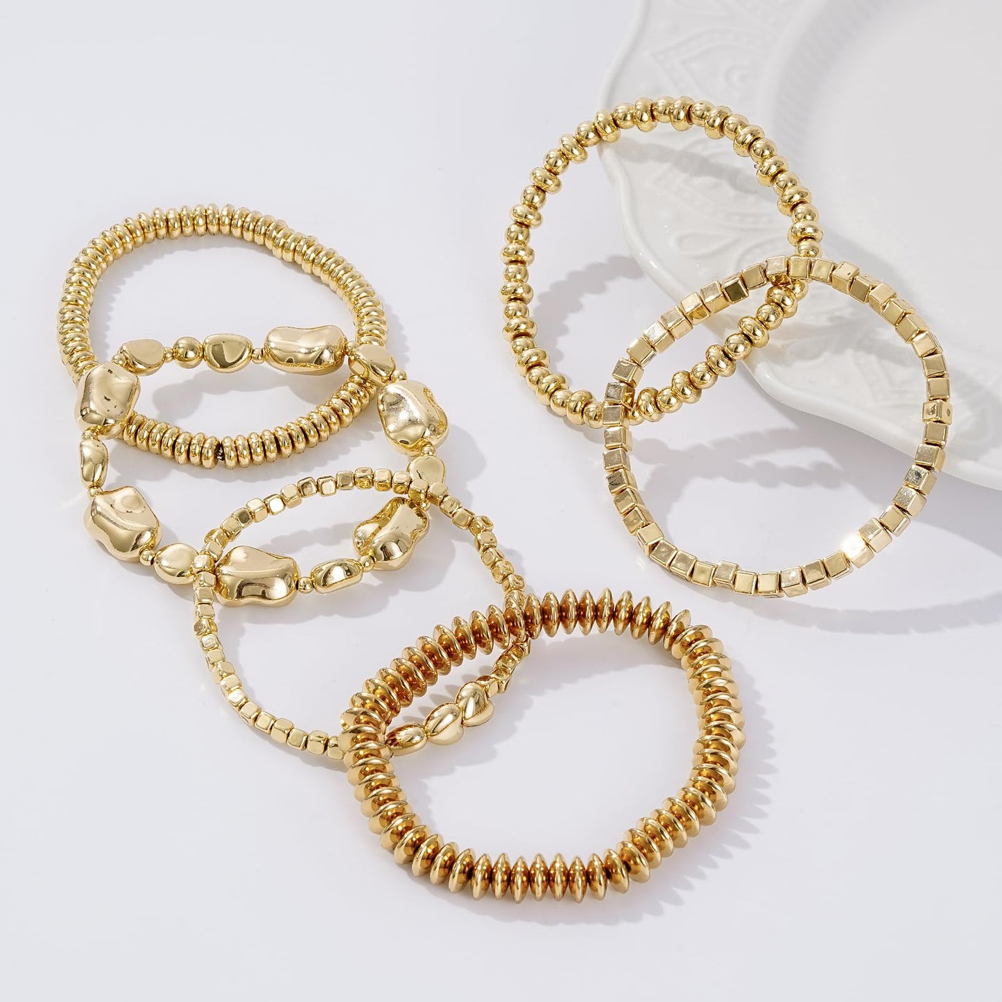 Sajidos Gold Plated Beaded Bracelets for Women Trendy, 14K Gold Plated Stack Cross Pearl Bead Stretch Bracelets Set Elastic Hypoallergenic Bracelets Jewelry Gifts (style6)