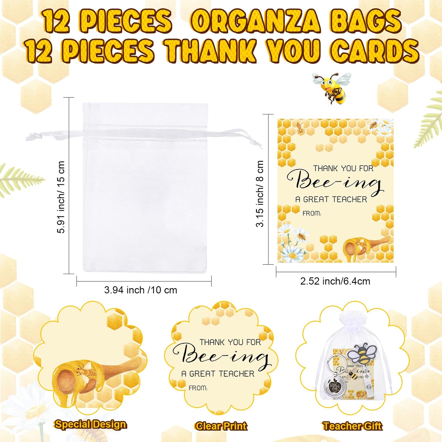 Spakon 12 Set Appreciation Gifts 12 Bee Retractable Badge Holder Clips Bee Keychains Thank You Cards for Valentine Day Office