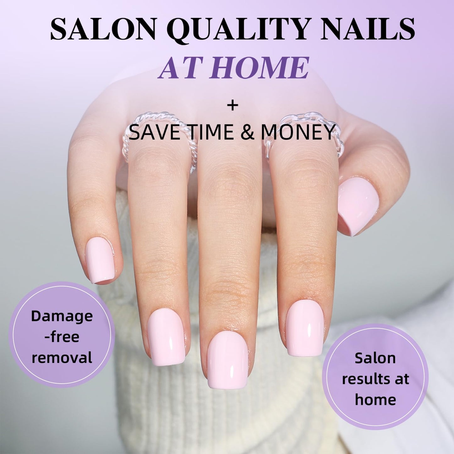 Pink Press On Nails Short Square - Solid Light Pink Glossy Fake Nails with Glue and Adhesive Tabs for Women, Reusable Press On Nail Kit, 30 PCS in 15 Sizes