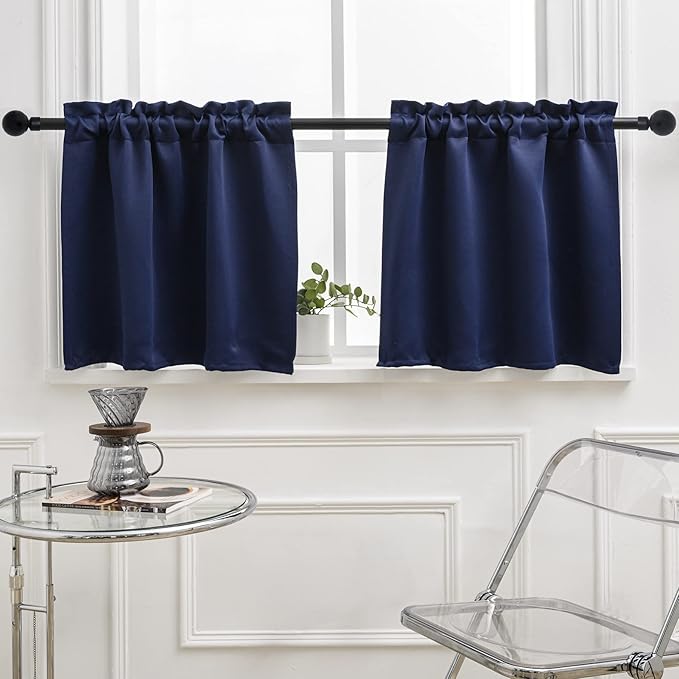 Pickluc 24 Inch Long Tier Curtains for Small Window Treatment, Short Blackout Curtain with Rod Pocket - Half Window Curtains for Kitchen, Cabinet, Basement, Camper, 2 Panels, Navy, 30 Inches Wide?€?