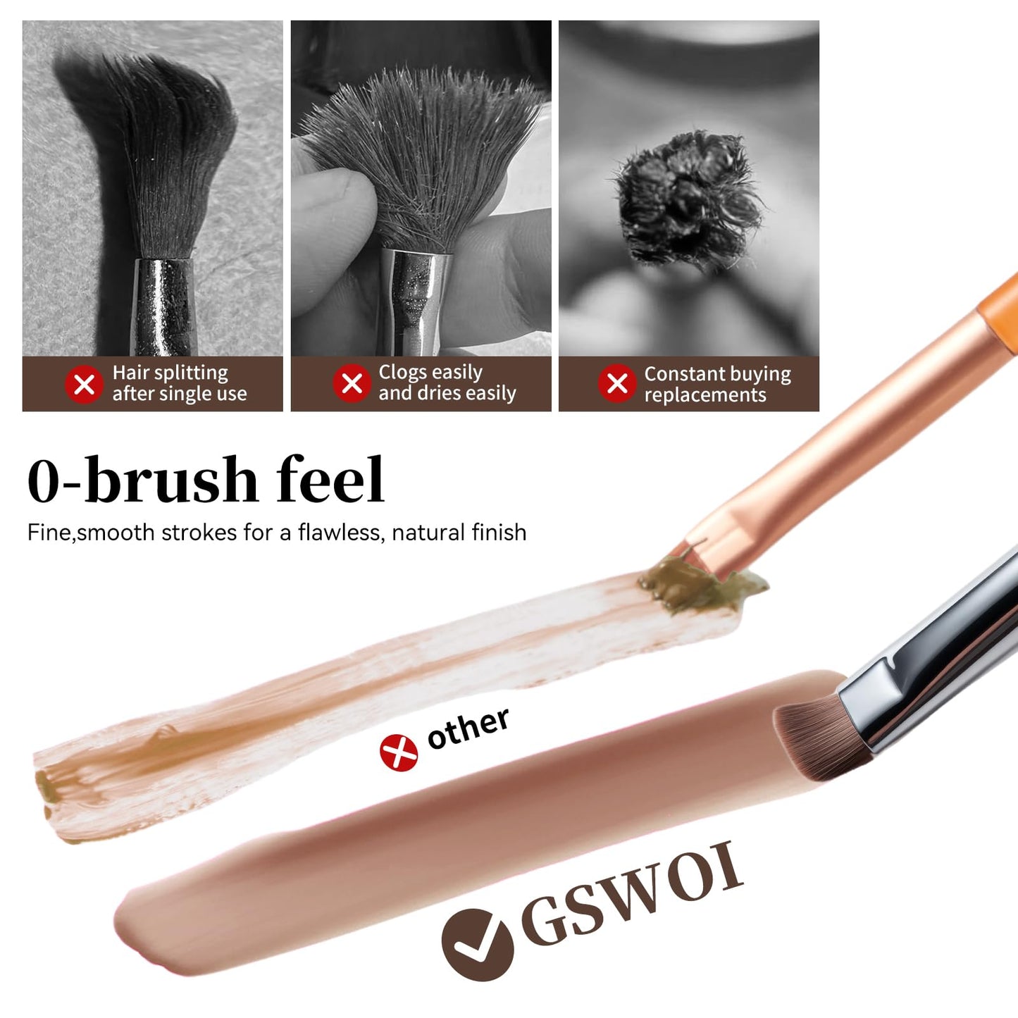 GSWOI Dual Head Acrylic Nail Brush-French Tip & 9mm Liner with Cleaning Brush for Builder Gel,Polygel & Design-Wood Handle & Metal Caps