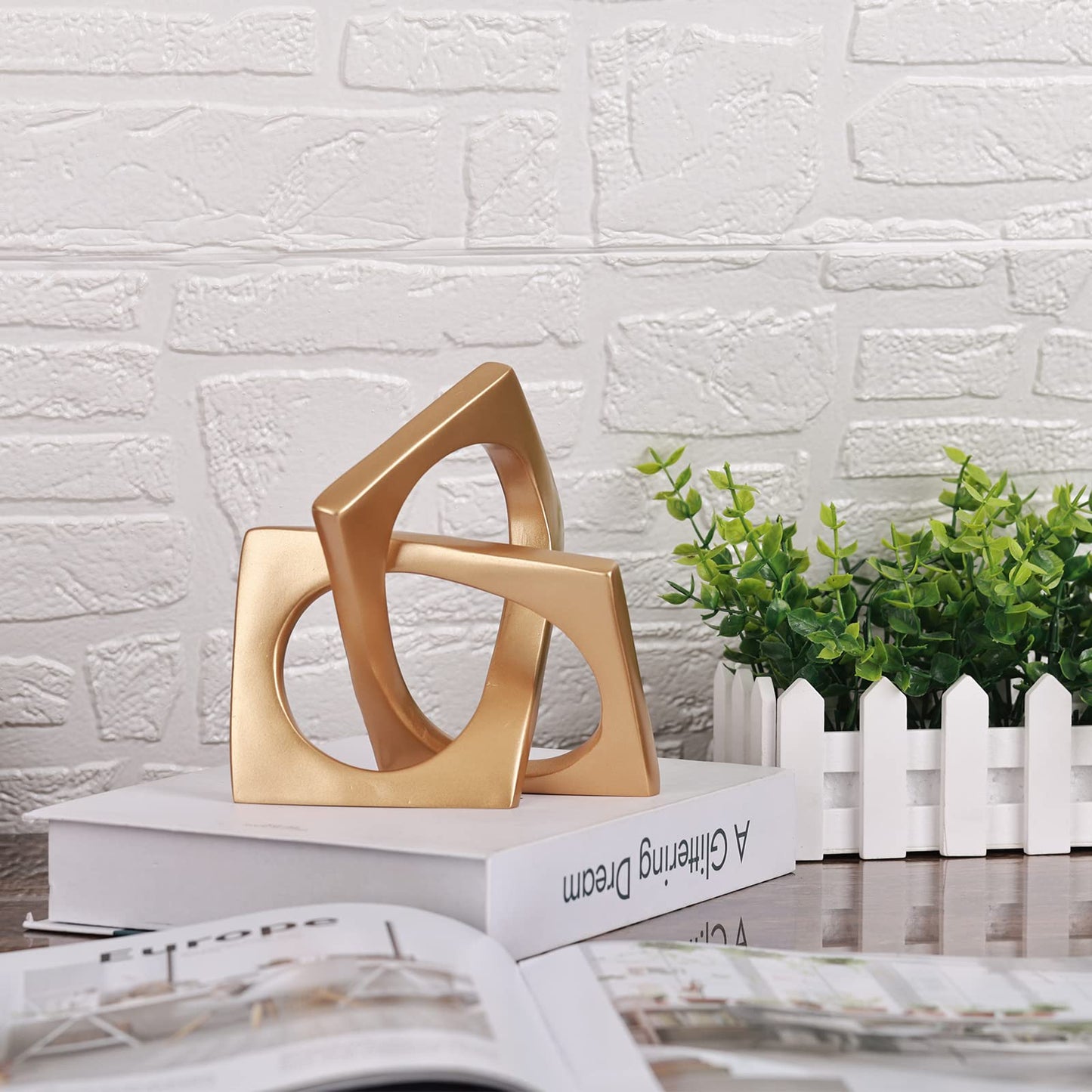 Modern Geometric Cube Decorations - Gold Knot Statues for Home, Bookcase, Tabletop, Console, Entryway & Dining Table Centerpieces