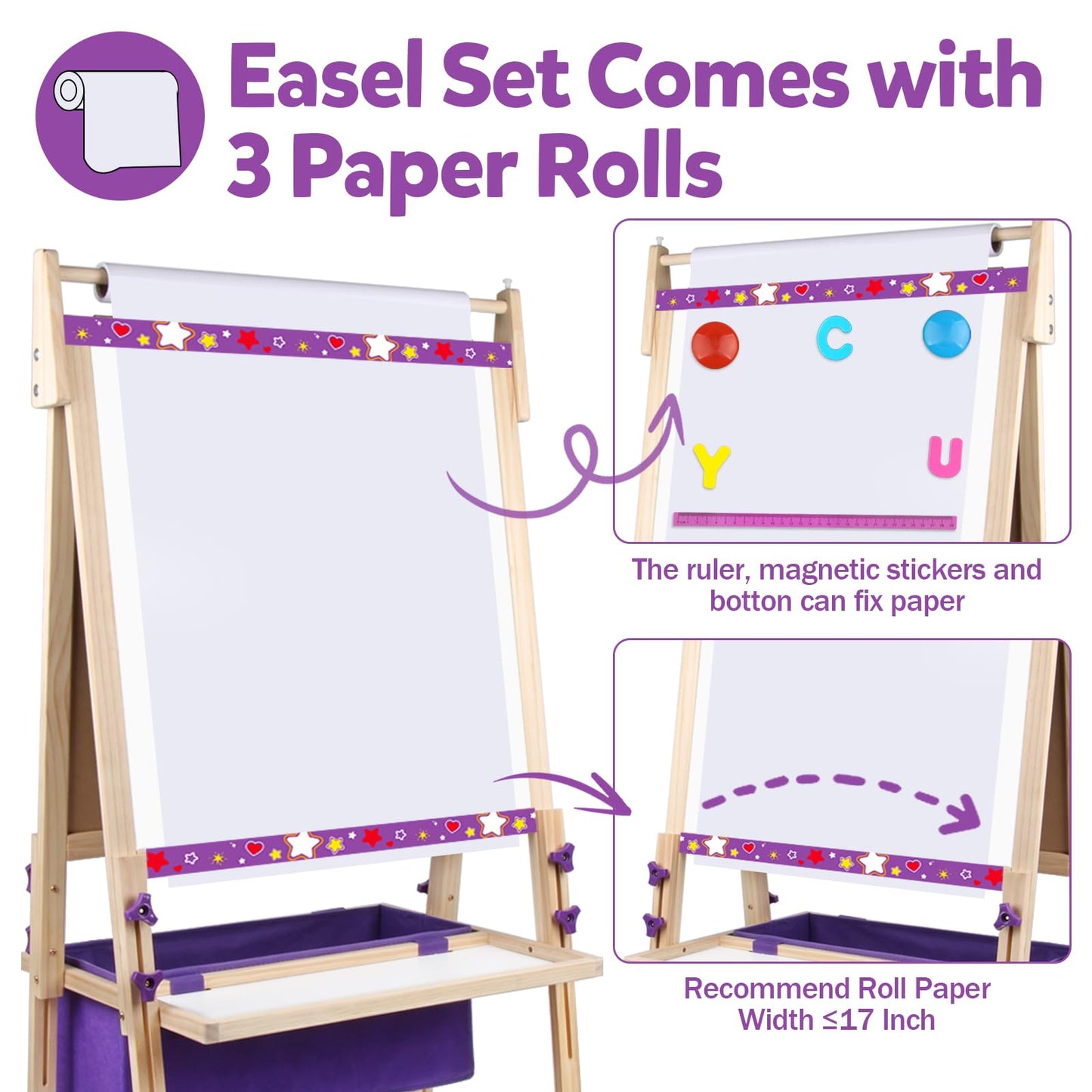 Vinlon Art Easel for Kids Ages 4-8, Premium Whiteboard & Chalkboard with 3 Paper Roll, Adjustable Double-Sided Easel Stand, Easter Gift Easter Basket Stuffers for Kids Ages 4 5 6 7 8
