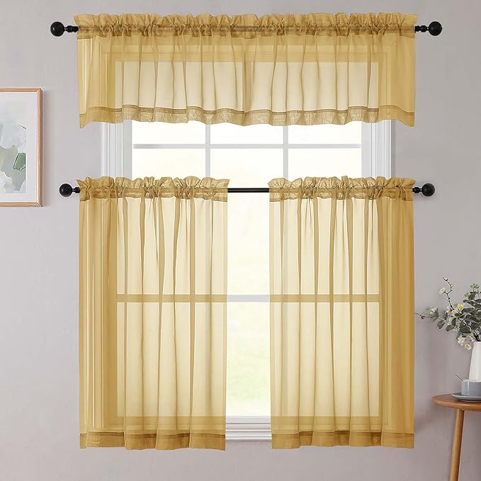 Chyhomenyc Gold Sheer Valances for Windows - Light Filtering Small Kitchen Curtains, Rod Pocket Short Top Window Treatment Decor for Living Room Bathroom Basement, 42Wx16L inches, 2 Panels