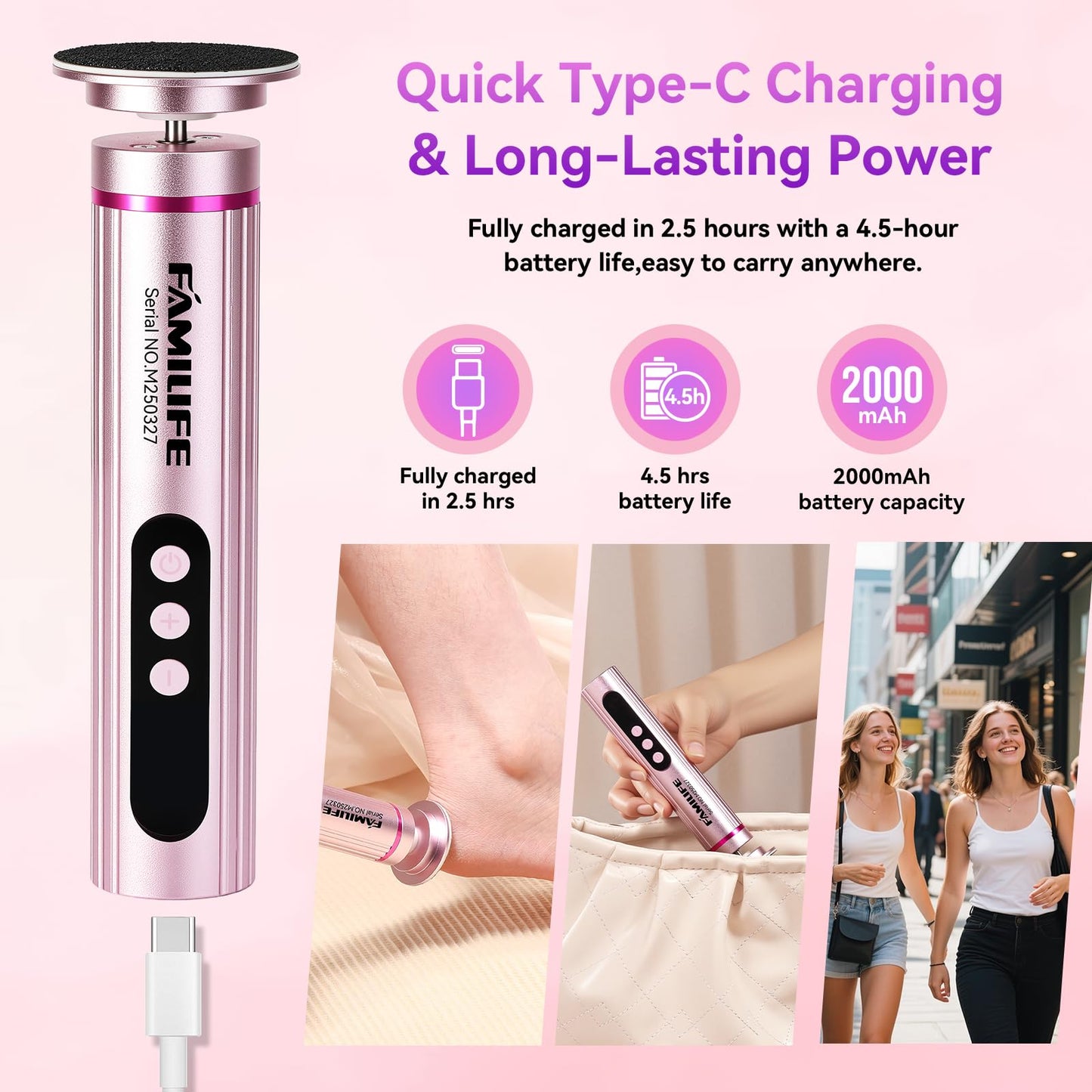 FAMILIFE Electric Foot File Callus Remover – Rechargeable Pedicure Tool with Display Screen, Replaceable Sandpaper Discs, Forward & Reverse Rotation, for Men and Women