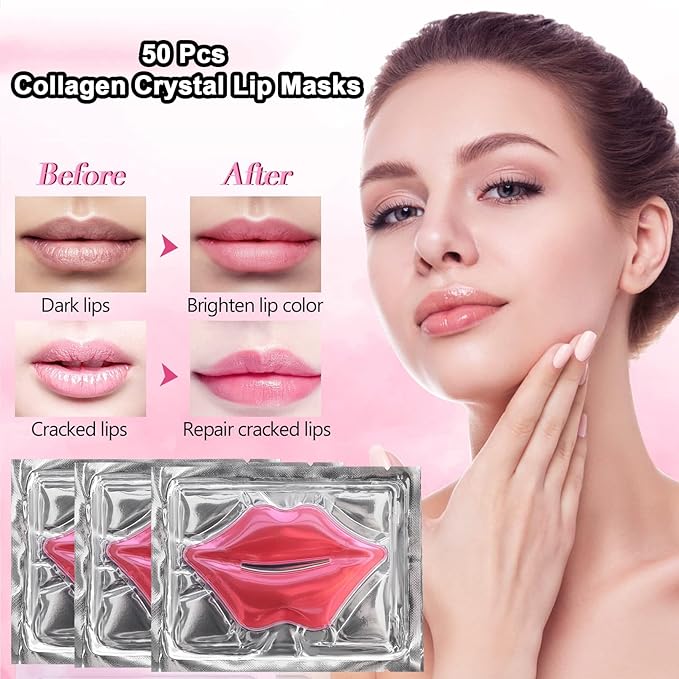 50 PCS Collagen Crystal Lip Masks,Moisturizing Collagen Lip Mask,Pink Lip Care Pads Mask for Dry Lips,Lip Patches for Hydrating Nourishing,Anti Chapped,Anti-Wrinkle,Plump Your Lips
