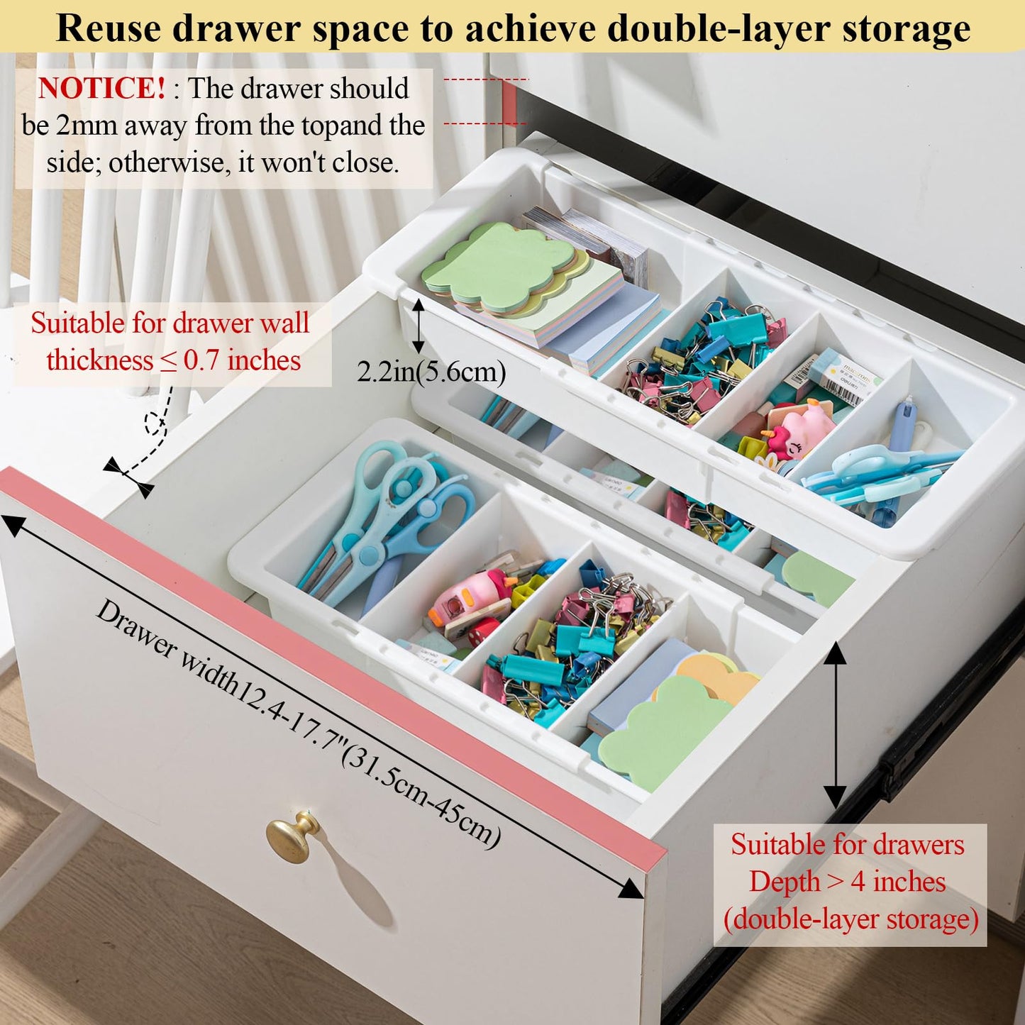 BrightRow 3 Pcs Expandable Drawer Organizer Bins Adjustable Deep Drawer Hanging Organizer Tray Expandable 11.4 to 18.1 Inches Plastic Dividers Storage for Office Bathroom Bedroom Kitchen Desk, White