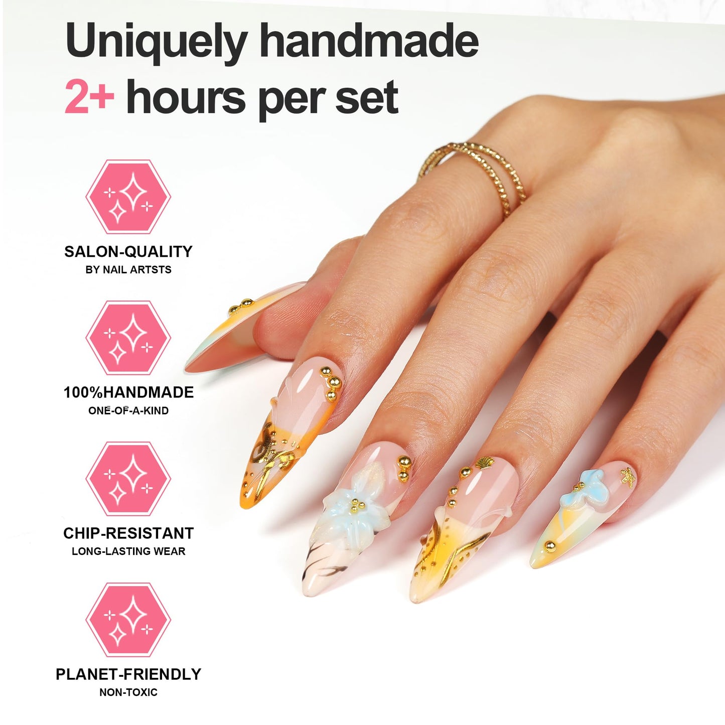 XGV Handmade Press on Nails Stiletto - Beach Vibes Summer French Tips 10Pcs Reusable Fake Nails Set for Women Manicure DIY Decoration Gift