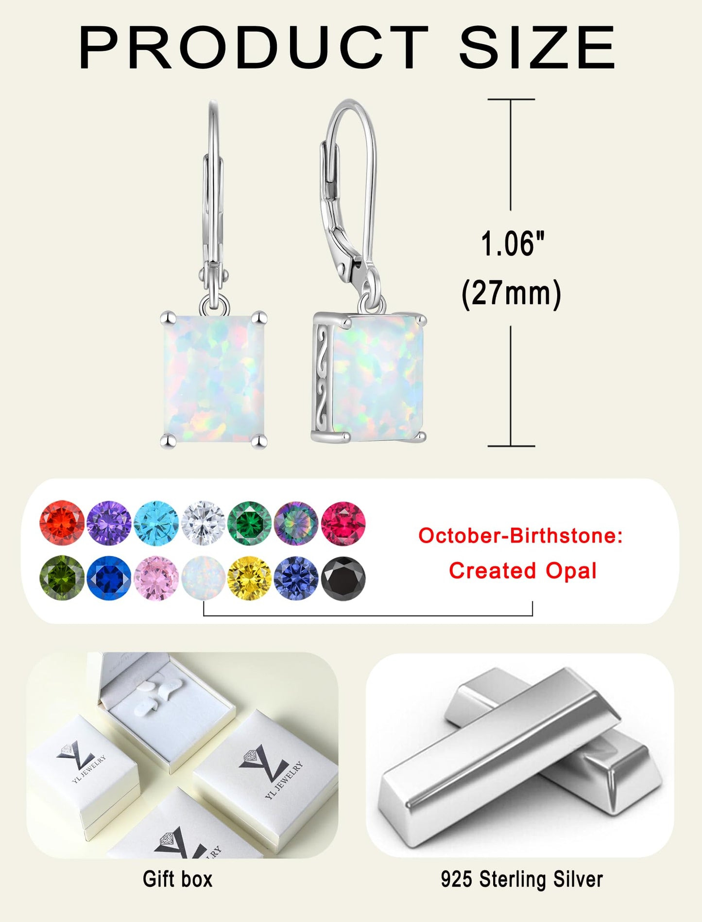 YL Solitaire Dangle Drop Earrings 925 Sterling Silver Leverback Earrings 8X10MM Square Created Opal Jewelry