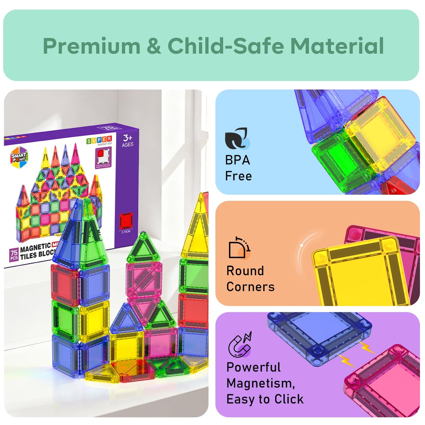 Mini Magnetic Tiles - 75 PCS Travel Magnetic Tiles, Micro Magnet Travel Toy for Kids Ages 3+, STEM Educational Building Set Construction Toys, Boys Girls Toddlers Birthdays Day Gifts