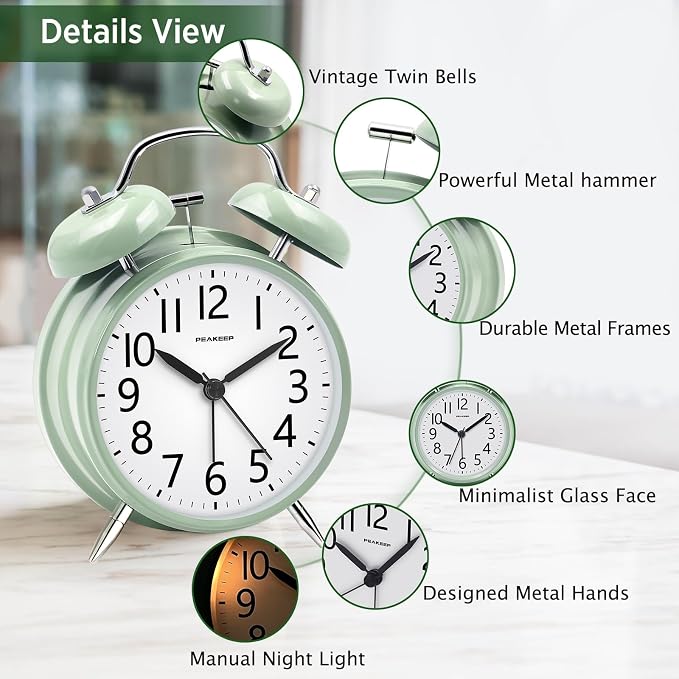 Peakeep Loud Battery Alarm Clock for Heavy Sleepers Adults Kids | Analog 4.5" Twin Bell Old School Fashioned Style for Bedrooms Living Kids?€? Room Decor (Avocado Green)