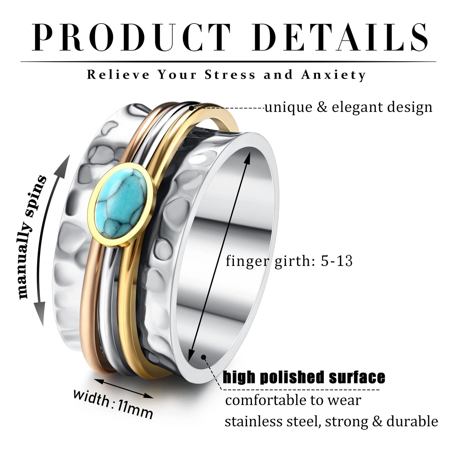 Magitaco Stainless Steel Spinner Rings Turquoise Fidget Band Rings Moon Star Flower Butterfly Anxiety Rings for Women Men