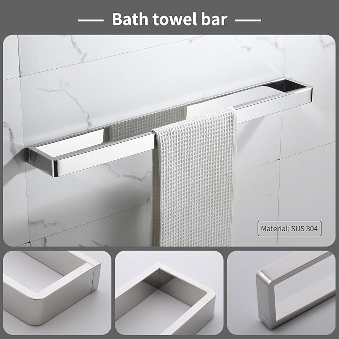 YACVCL 4-Piece Bathroom Hardware Accessories Set Polished Chrome Towel Bar Set Square Towel Holder Kit Stainless Steel Wall Mounted