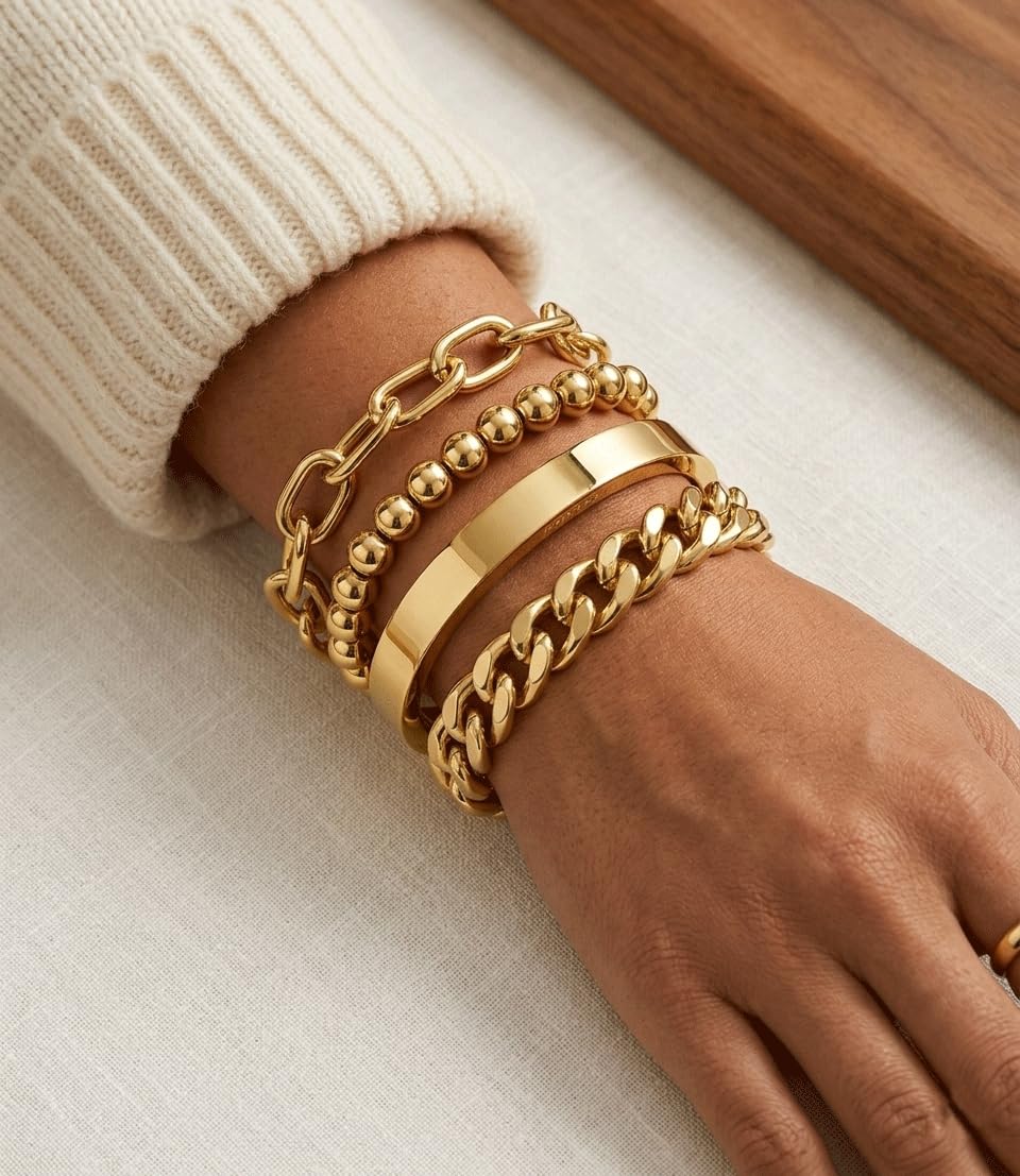 Chunky Gold Bracelet Stack for Women Non Tainish, Chunky Stackable Thick Bracelets Set for Women, Gold Plated Large Bracelet Stack With Bangle Beaded Cuban Paperclip Chain Jewelry Gifts for Mom Her