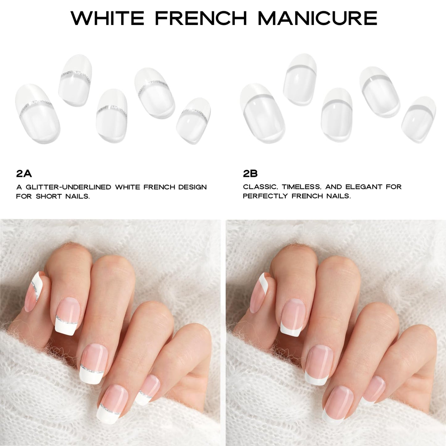 Semi Cured Gel Nail Strips with 30 Pieces–UV Gel Nail Stickers & Nail Wraps, Complete Manicure Kit Includes Prep Pads, Nail File and Wooden Stick, Easy Application, UV Light Required (White French 2B)